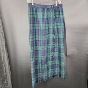 Vintage Parsons Place Wrap Skirt 16 Green Plaid Long Maxi Fringe Button A-Line